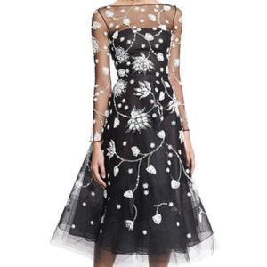 ◇*$7,900 OSCAR DE LA RENTA EXCLUSIVE FLORAL EMBROID BLACK TULLE SILK MIDI US M